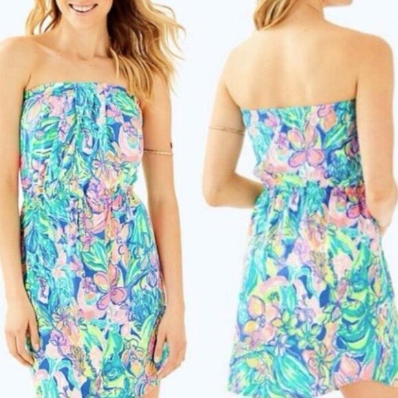 Lilly Pulitzer Windsor Dress Medium Bennet Blue Strapless Floral Pull On Cotton - Picture 8 of 14